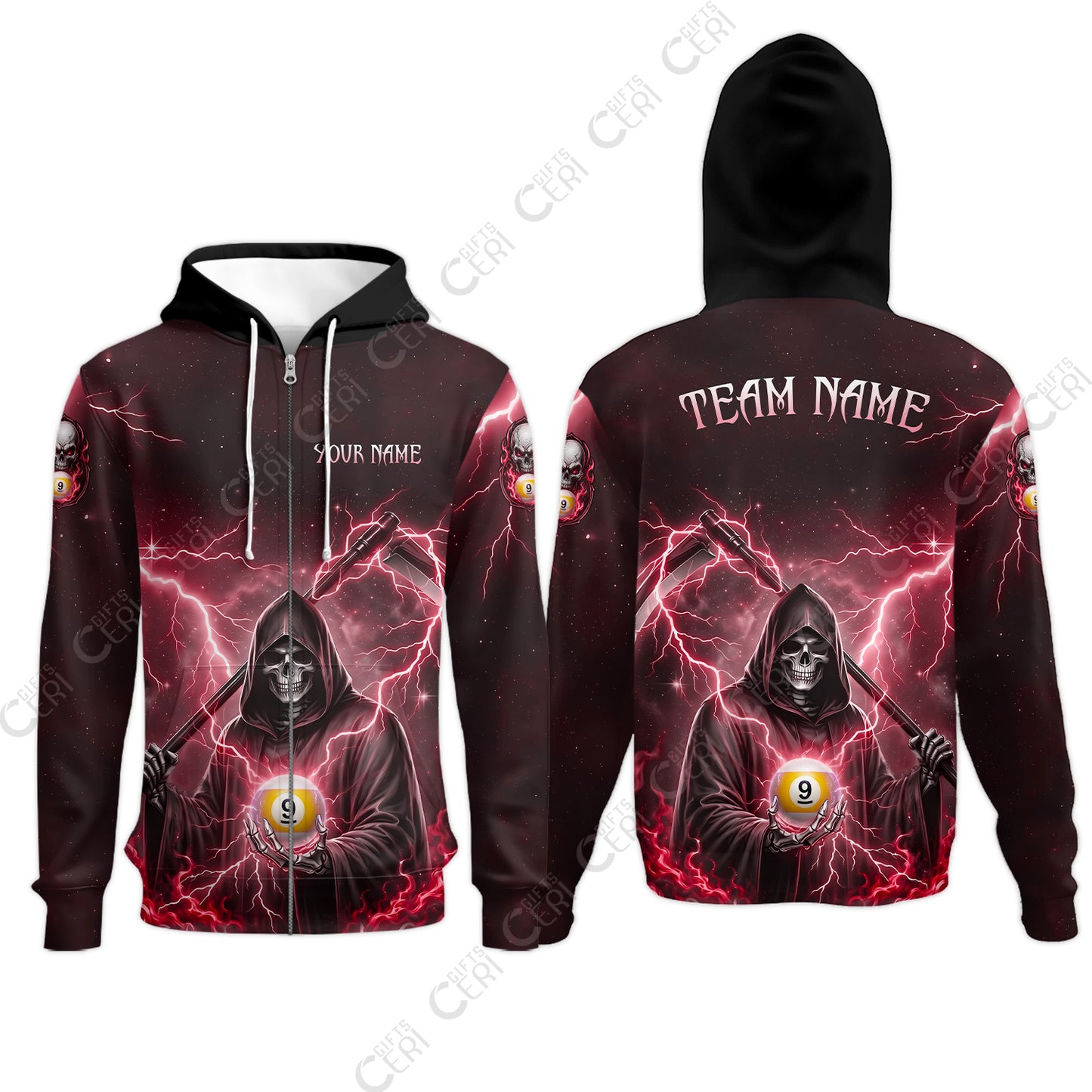 Customized 9 Ball Pool Zip Hoodies, Lightning And Flame Grim Reaper With 9 Ball, Personalized Billiards Jersey