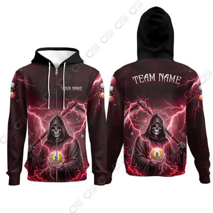Customized 9 Ball Pool Zip Hoodies, Lightning And Flame Grim Reaper With 9 Ball, Personalized Billiards Jersey