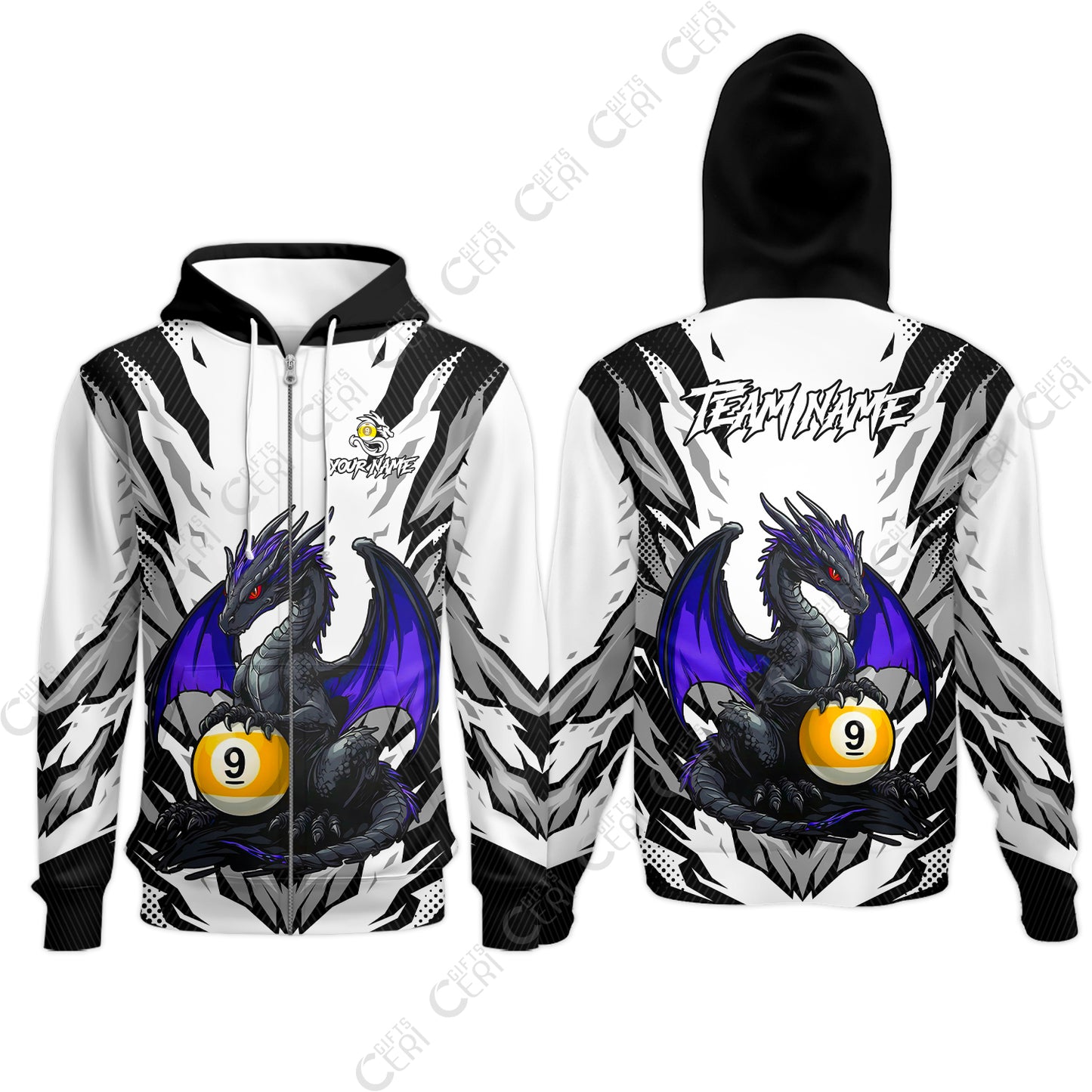 Customized Billiards Zip Hoodies, Personalized Baby Dragon 9 Ball Jersey Gift For Billiard Players