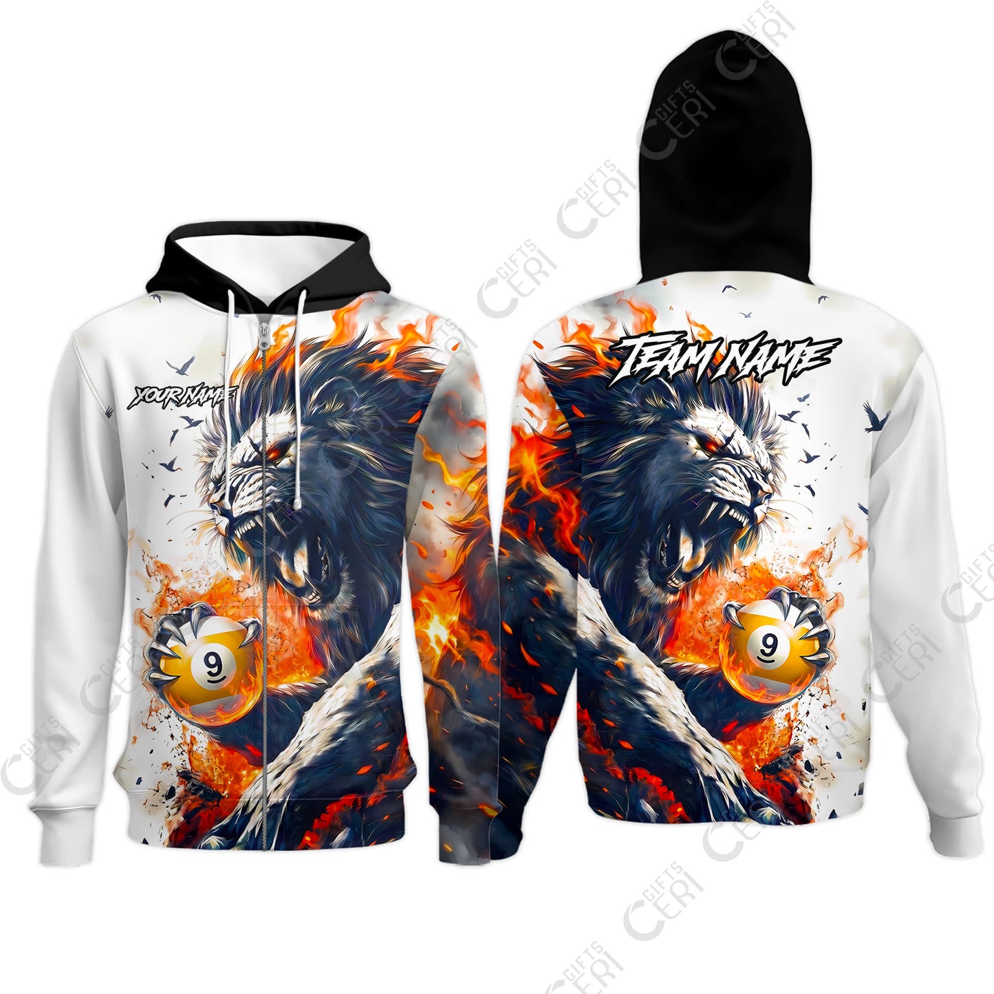 Customized 9 Ball Pool Zip Hoodies, Lion Fire Lava 9-Ball, Personalized Billiards Jersey