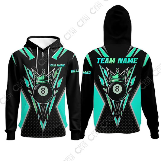 Customized 8 Ball Pool Zip Hoodies, Billiard 8-Ball Crown, Billiard Jerseys
