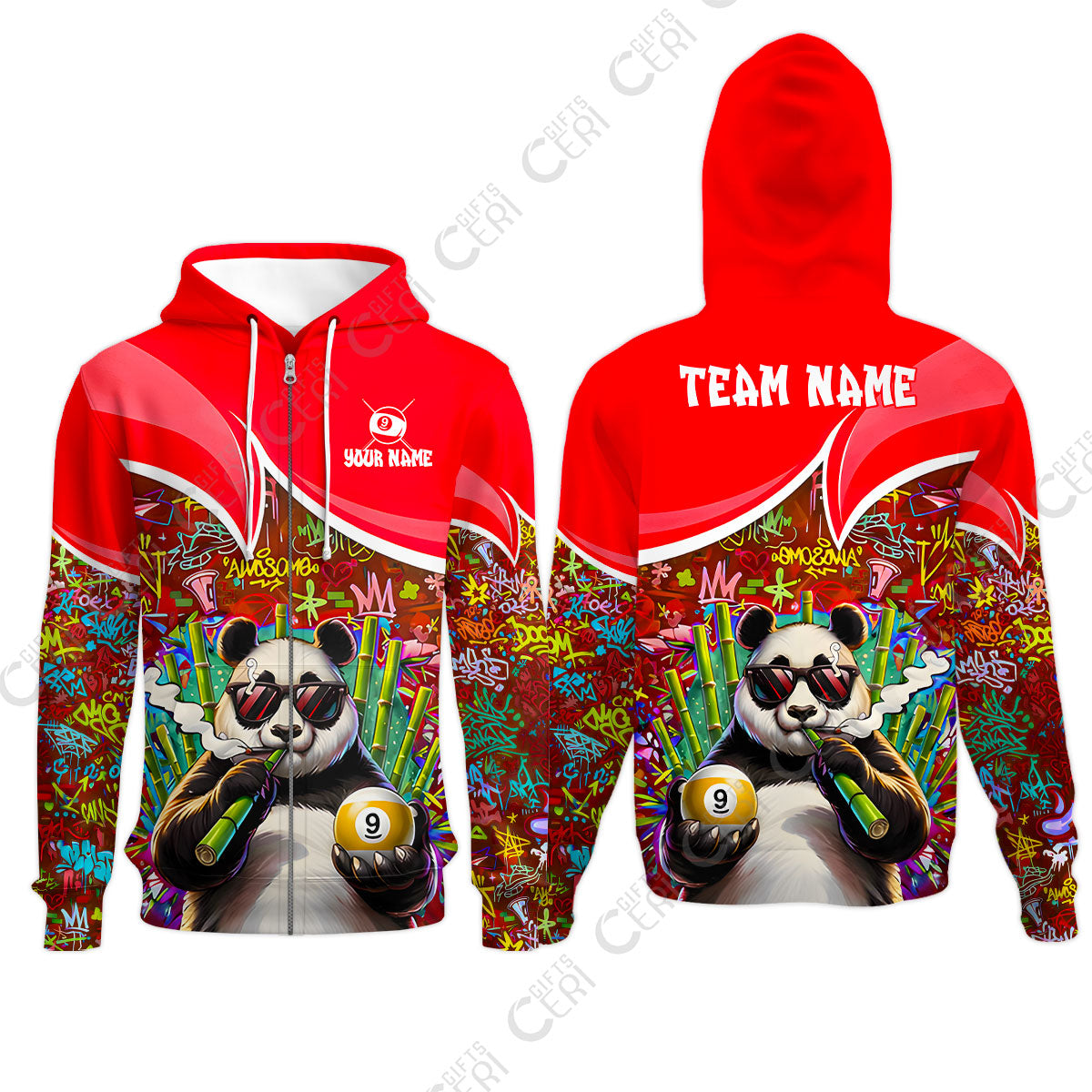 Customized 9 Ball Pool Zip Hoodies, 9-Ball Panda Bamboo Billiards, Billiards Jerseys