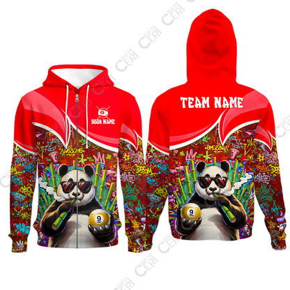Customized 9 Ball Pool Zip Hoodies, 9-Ball Panda Bamboo Billiards, Billiards Jerseys