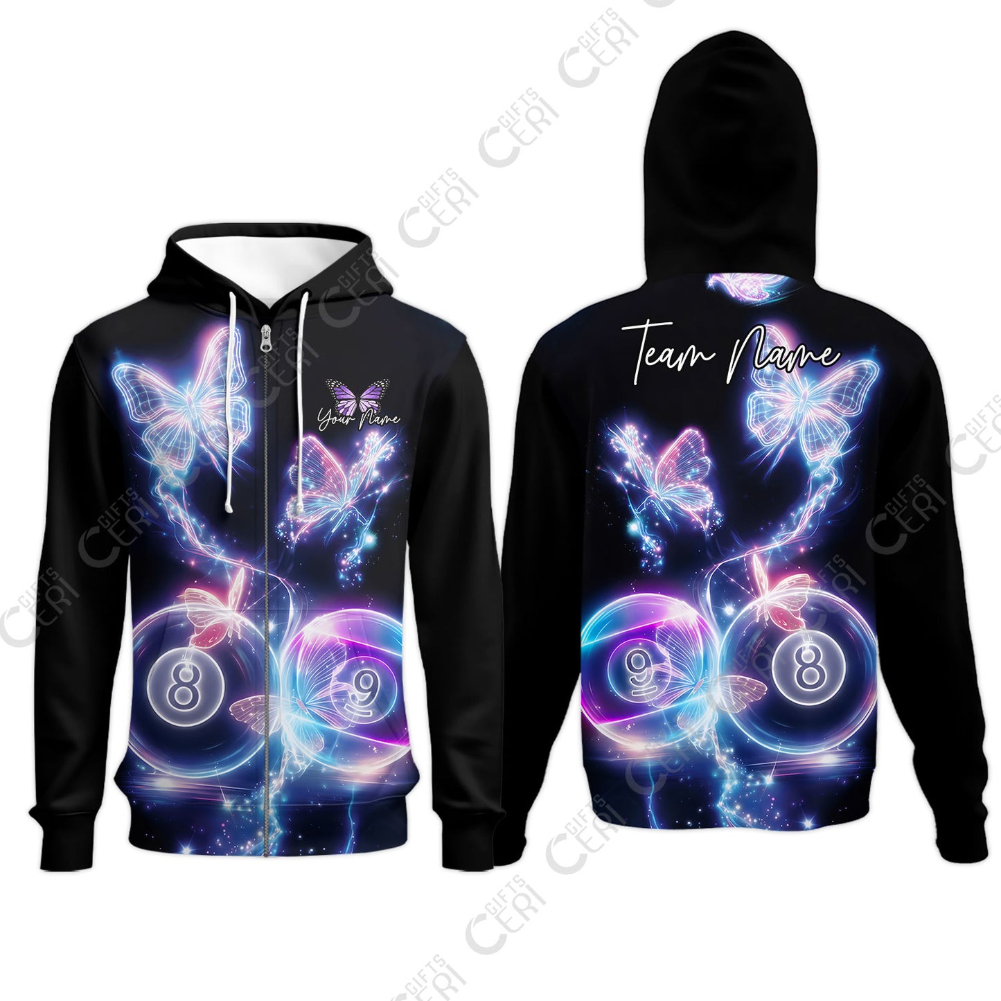 Customized Billiards Zip Hoodies, 8 & 9 Ball Neon Butterfly Galaxy Jersey, Billiards Jerseys