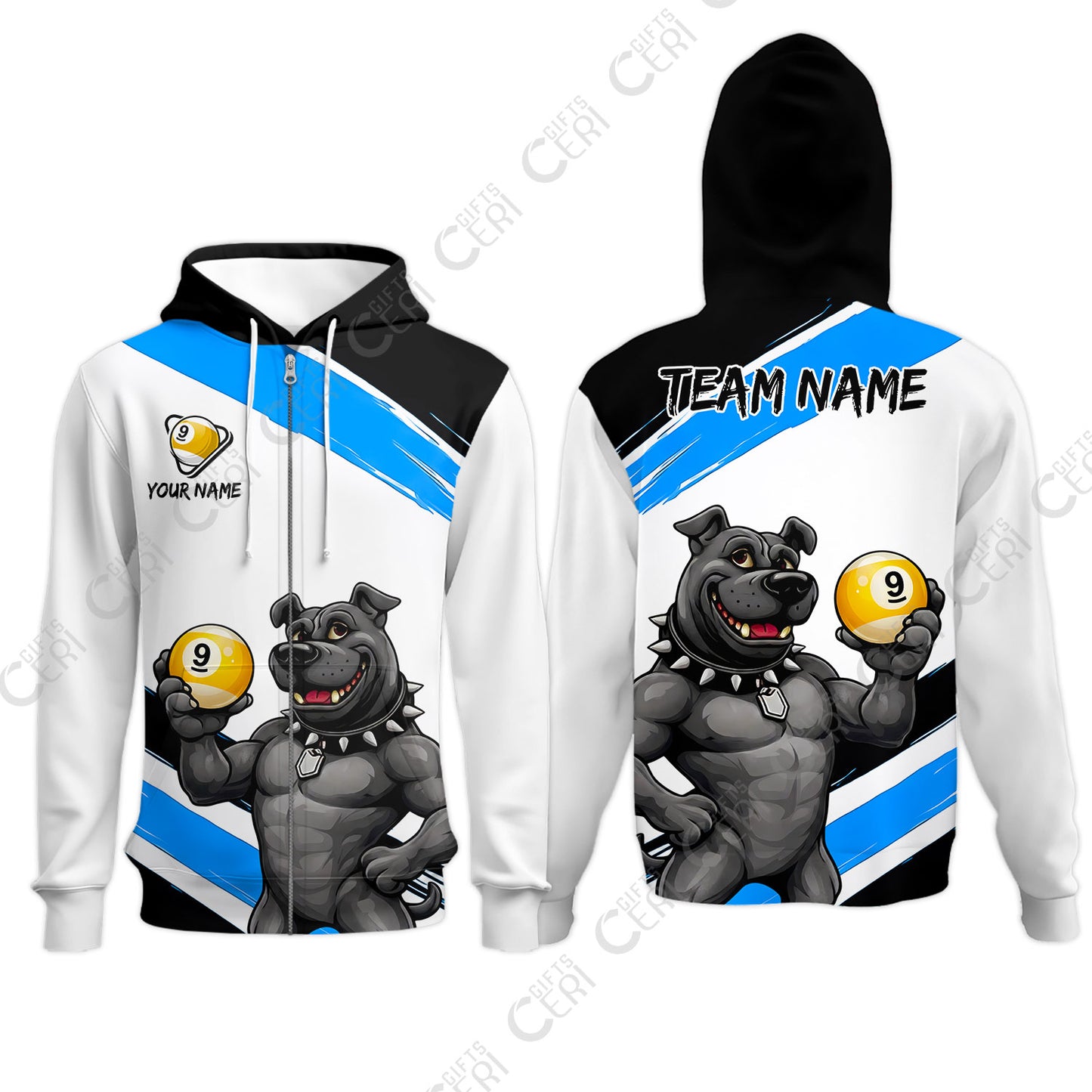 Customized Billiards Zip Hoodies, Personalized Pitbull 9 Ball Jersey Gift For Billiard Players
