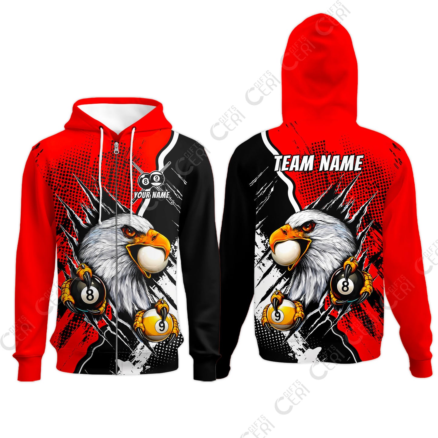 Customized Billiards Zip Hoodies, 8 & 9 Ball Billiard Eagle Comic Dot Halftone Background Color, Billiards Jerseys