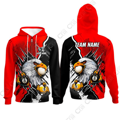 Customized Billiards Zip Hoodies, 8 & 9 Ball Billiard Eagle Comic Dot Halftone Background Color, Billiards Jerseys
