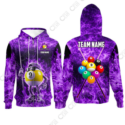 Customized 9 Ball Pool Zip Hoodies, 9-Ball Wearing Cap And Sunglasses Flaming Burn, Billiard Jerseys