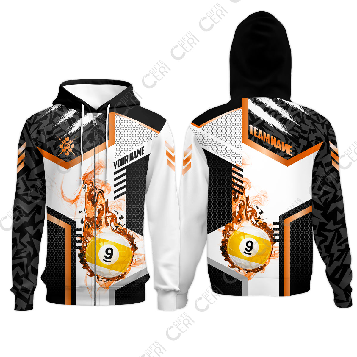 Customized 9 Ball Pool Zip Hoodies, Flaming 9-Ball Graphic, Billiards Jersey