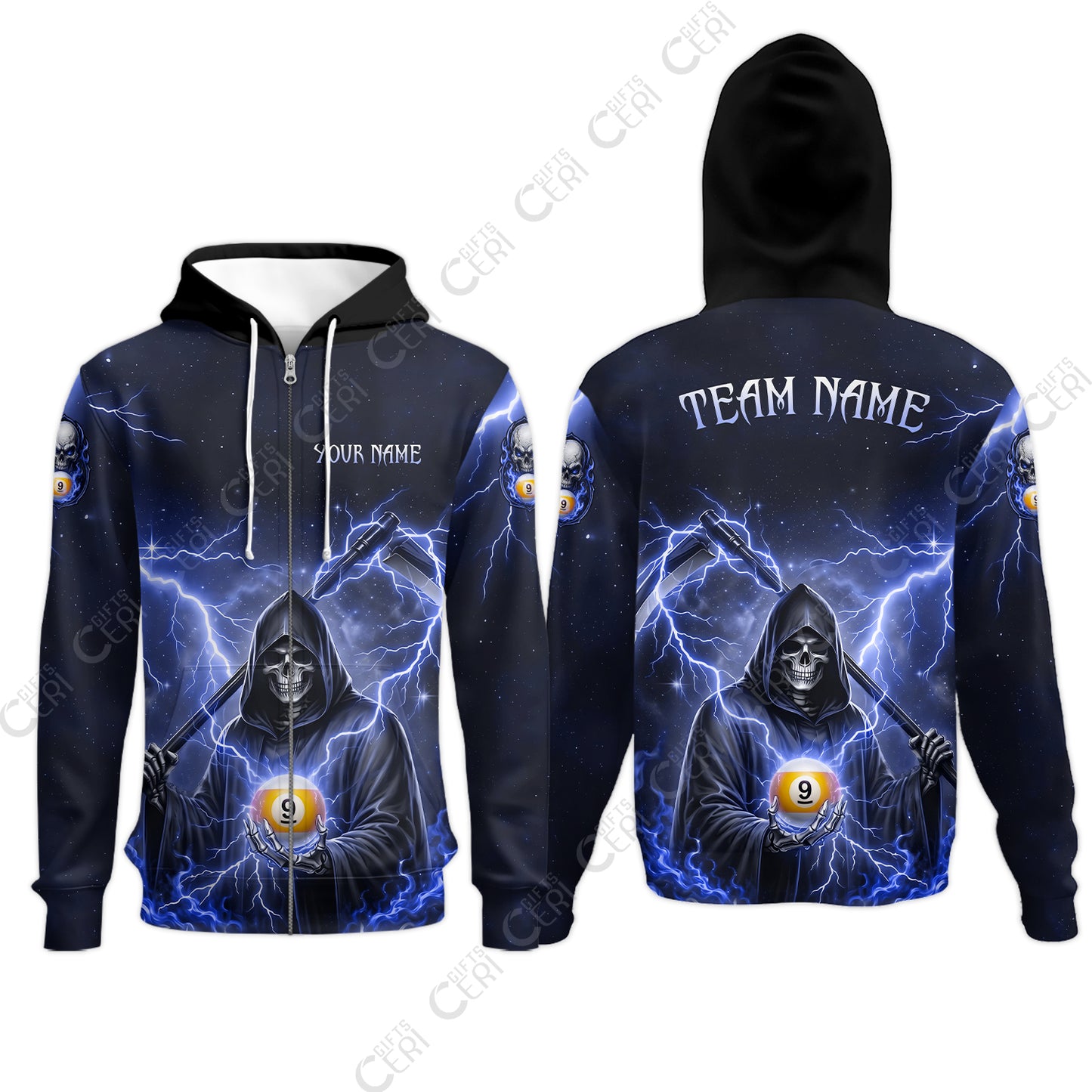 Customized 9 Ball Pool Zip Hoodies, Lightning And Flame Grim Reaper With 9 Ball, Personalized Billiards Jersey
