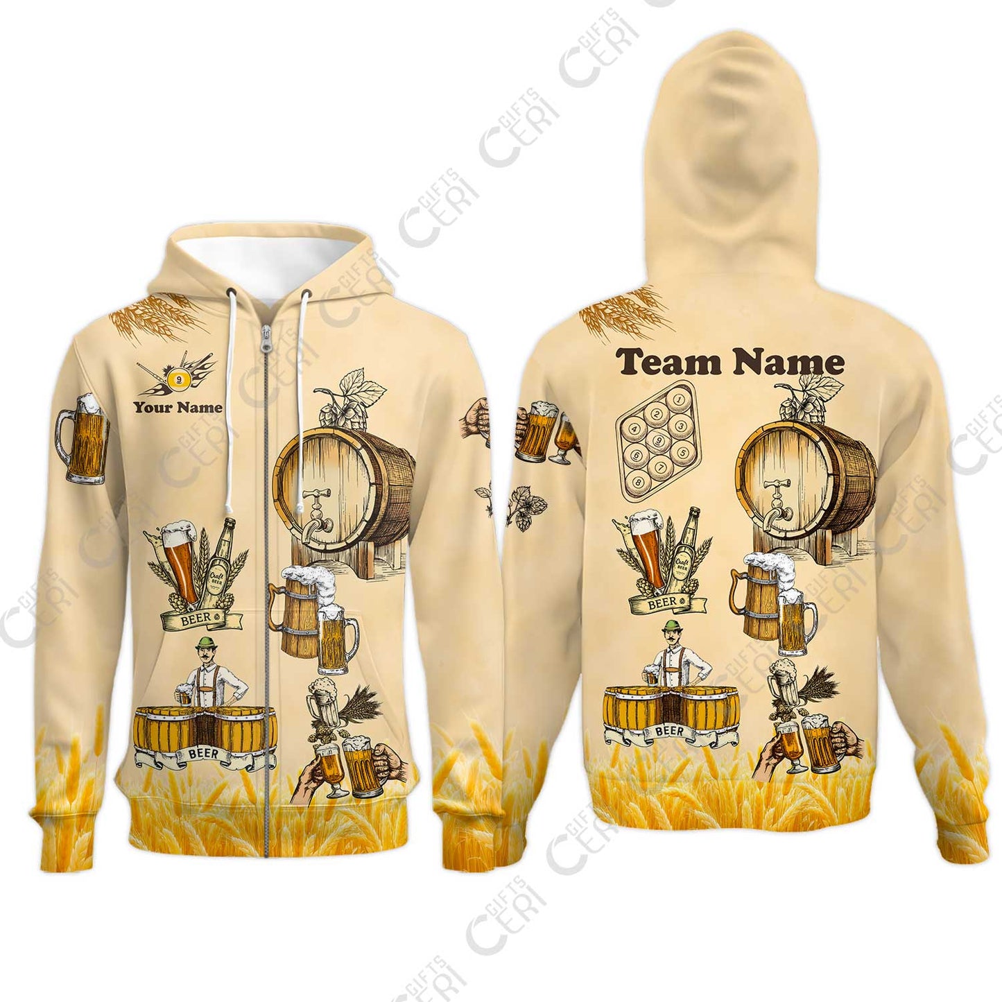 Customized 9 Ball Pool Zip Hoodies, Beer 3 Scale Billiard 9-ball, Personalized Billiards Jersey