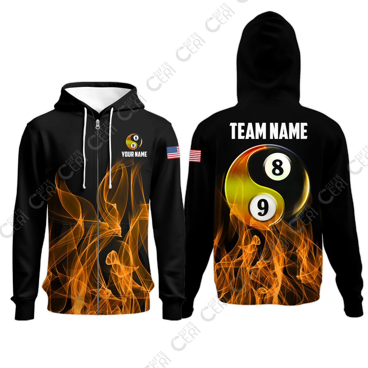 Customized Billiard Zip Hoodies, Billiard 8-Ball And 9-Ball Yin-Yang Flame, Billiard Jerseys