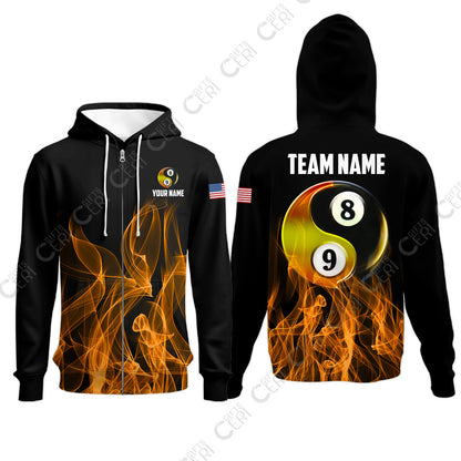 Customized Billiard Zip Hoodies, Billiard 8-Ball And 9-Ball Yin-Yang Flame, Billiard Jerseys