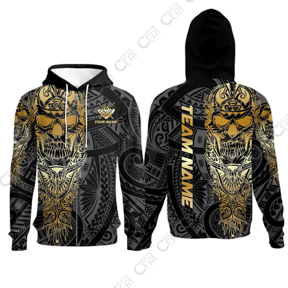 Customized 8 Ball Pool Zip Hoodies, 8-Ball Billiard Ethnic Tribal Style Pattern, Billiards Jerseys