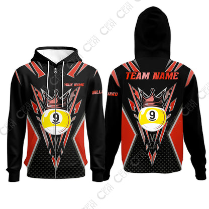 Customized 9 Ball Pool Zip Hoodies, Billiard 9-Ball Crown, Billiard Jerseys