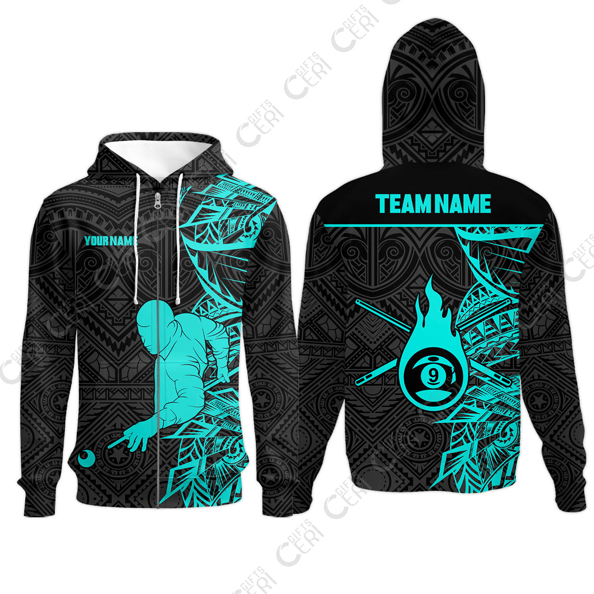 Customized 9 Ball Pool Zip Hoodies, 9-Ball Billiards Tattoo Pattern, Billiards Jerseys