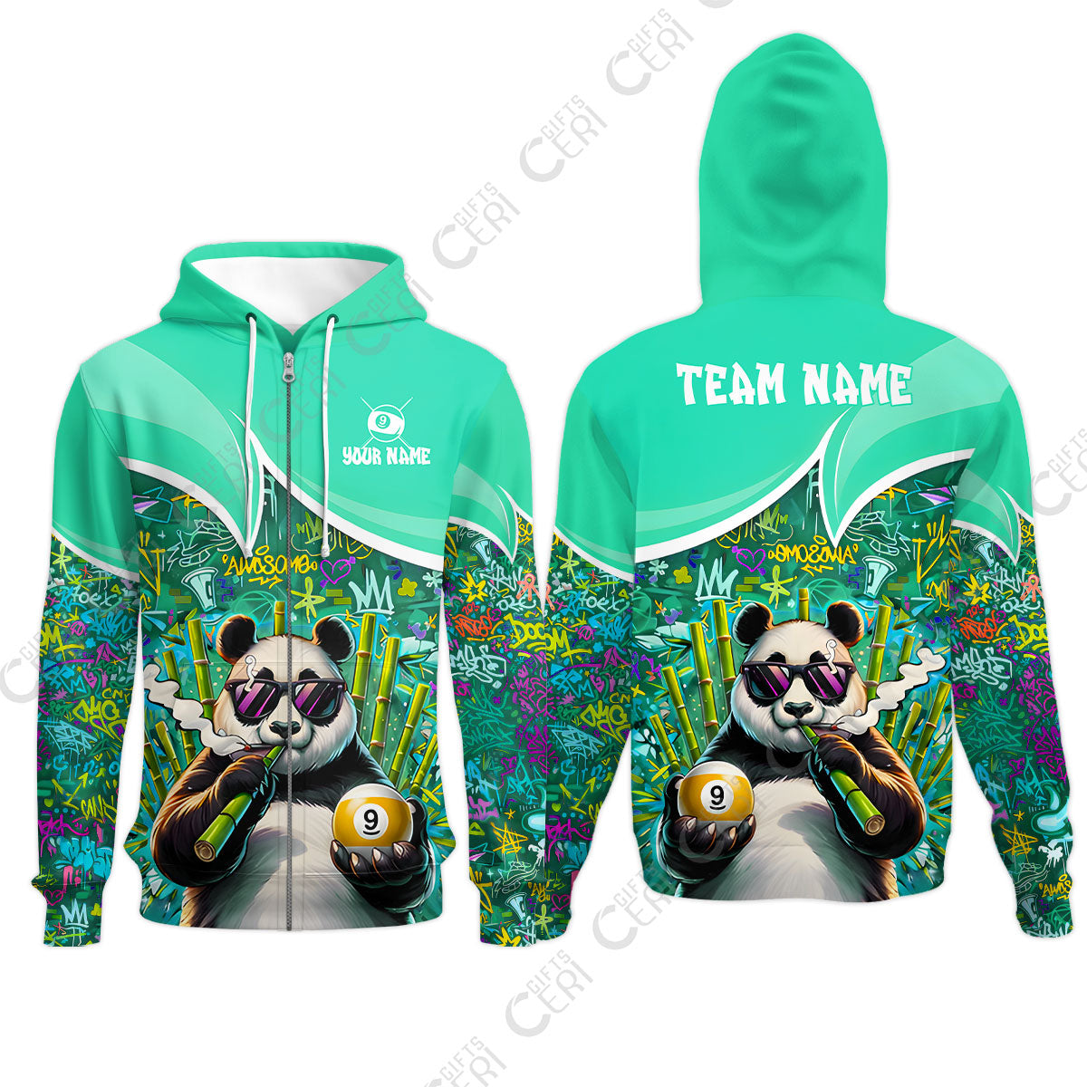Customized 9 Ball Pool Zip Hoodies, 9-Ball Panda Bamboo Billiards, Billiards Jerseys