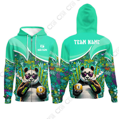 Customized 9 Ball Pool Zip Hoodies, 9-Ball Panda Bamboo Billiards, Billiards Jerseys