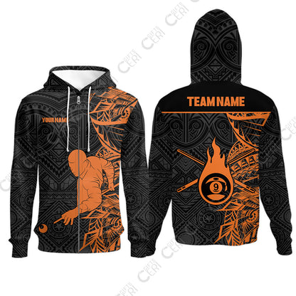 Customized 9 Ball Pool Zip Hoodies, 9-Ball Billiards Tattoo Pattern, Billiards Jerseys