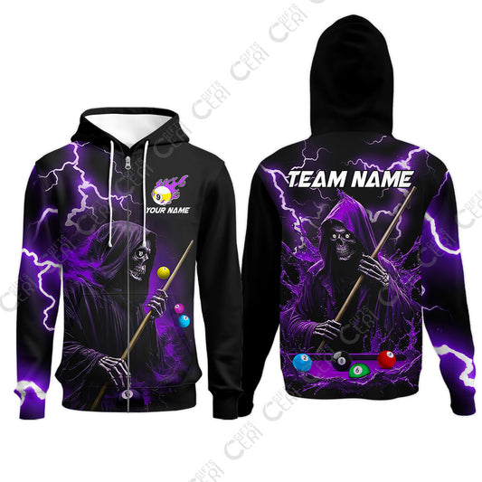 Customized 9 Ball Pool Zip Hoodies, The Death Plays Billiards 9-Ball Flame, Billiards Jerseys