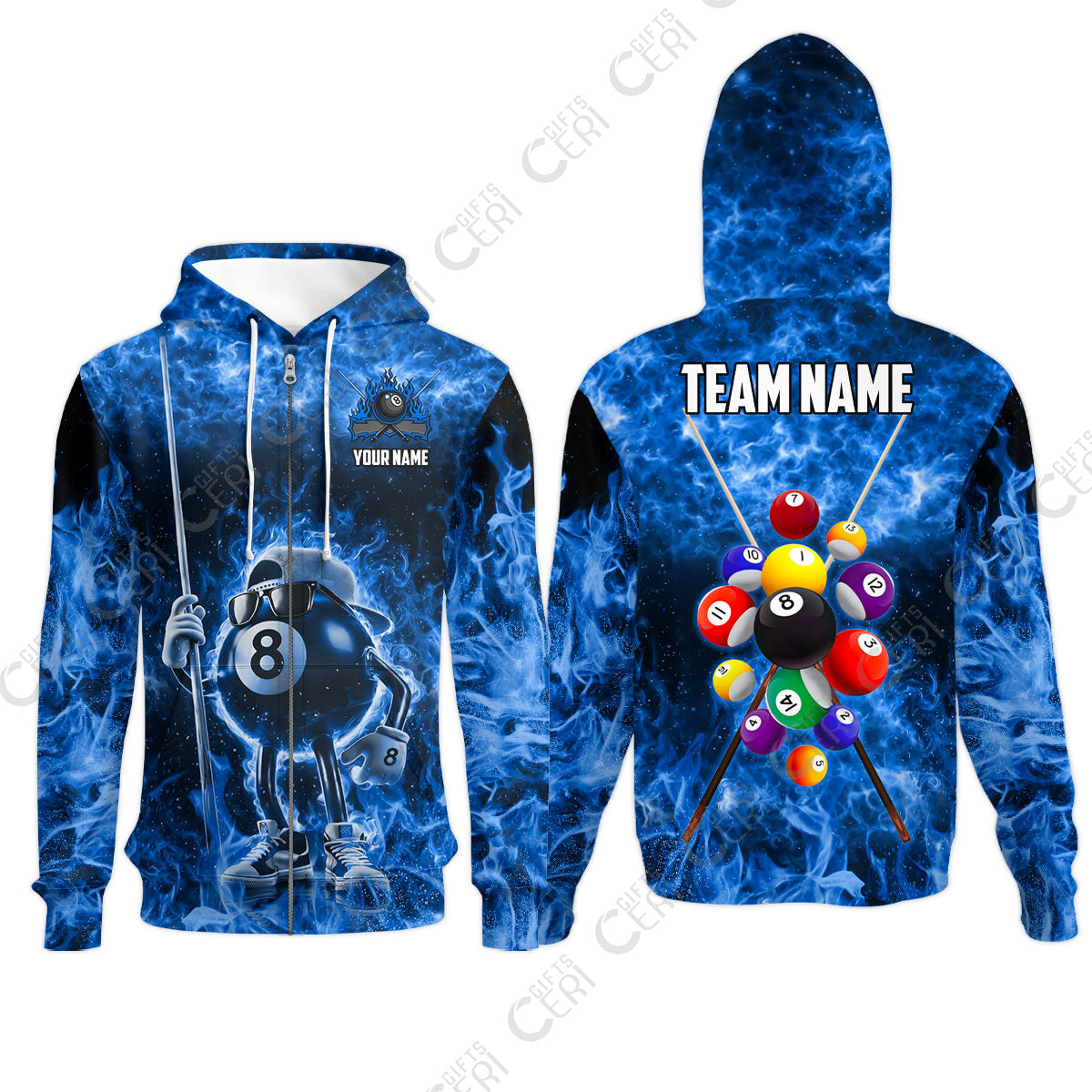 Customized 8 Ball Pool Zip Hoodies, 8-Ball Wearing Cap And Sunglasses Flaming Burn, Billiard Jerseys