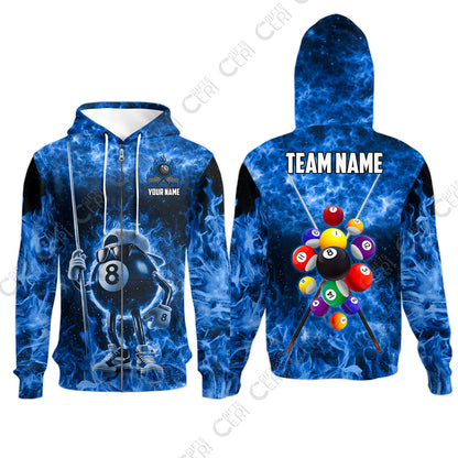 Customized 8 Ball Pool Zip Hoodies, 8-Ball Wearing Cap And Sunglasses Flaming Burn, Billiard Jerseys