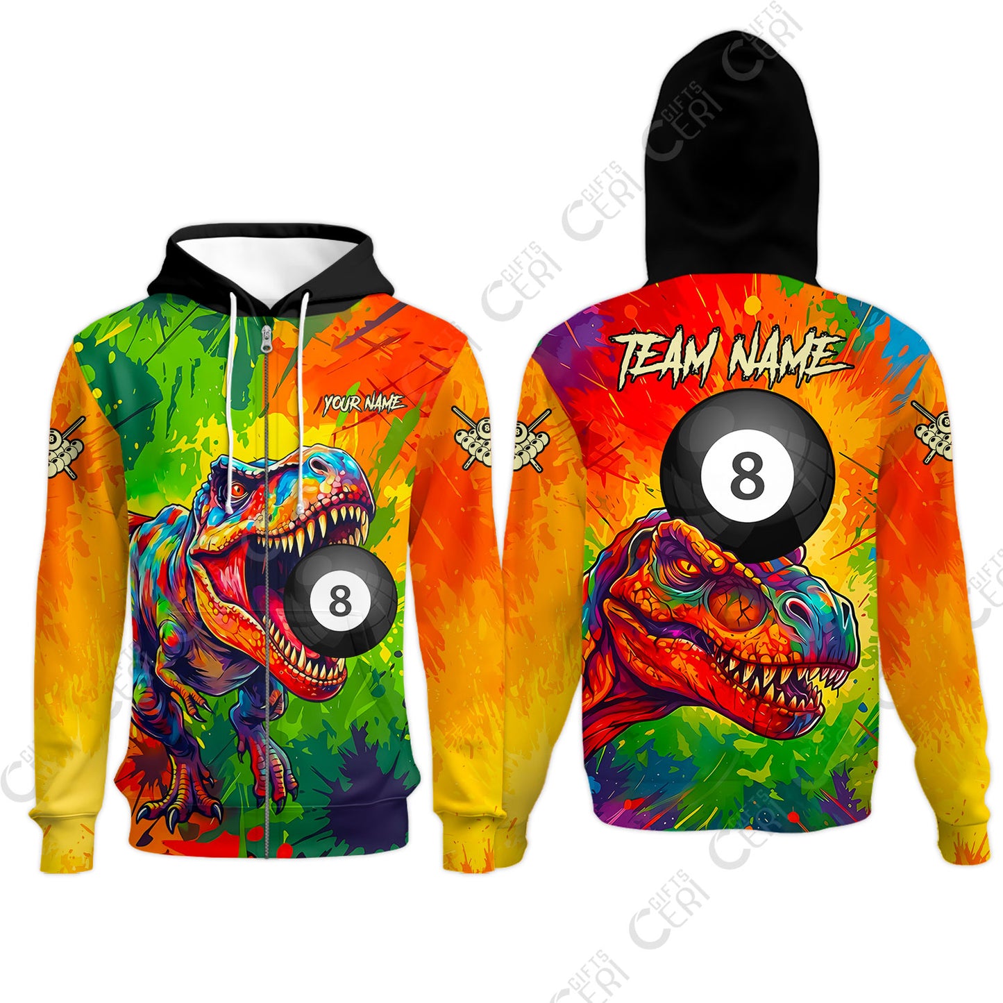 Customized 8 Ball Pool Zip Hoodies, Dinosaur Colorful Splash Paint Billiard 8-Ball, Personalized Billiards Jersey