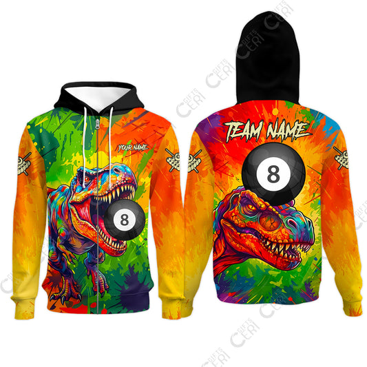 Customized 8 Ball Pool Zip Hoodies, Dinosaur Colorful Splash Paint Billiard 8-Ball, Personalized Billiards Jersey