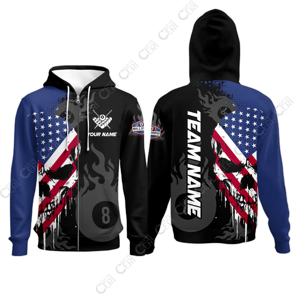 Customized 8 Ball Pool Zip Hoodies, Billiards 8-Ball Flame And The Skull With American Flag, Billiards Jerseys