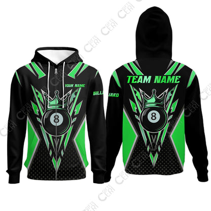 Customized 8 Ball Pool Zip Hoodies, Billiard 8-Ball Crown, Billiard Jerseys