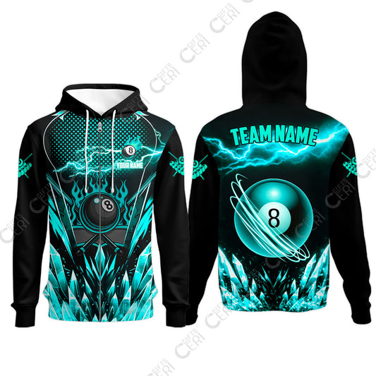 Customized 8 Ball Pool Zip Hoodies, Electric Lightning Crystal, Billiards Jerseys