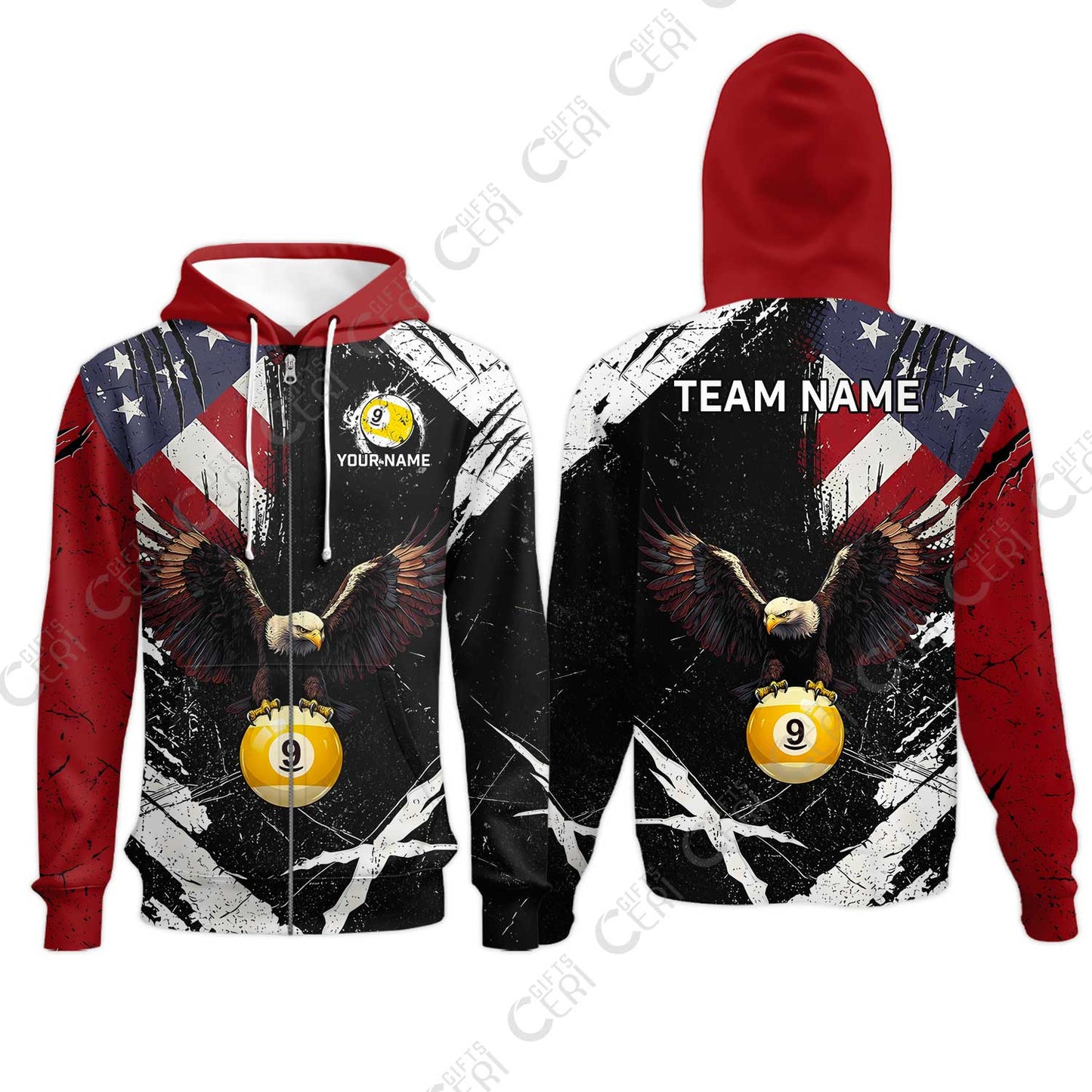 Customized 9 Ball Pool Zip Hoodies, Eagle Billiard American Flag 9-ball, Personalized Billiards Jersey