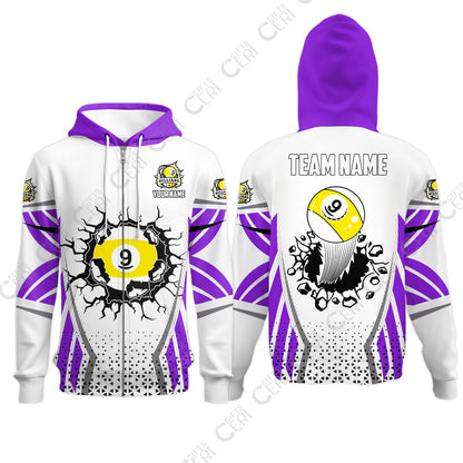 Customized 9 Ball Pool Zip Hoodies, Billiard Triangle Pattern, 9-Ball Breaks The Wall, Billiard Jerseys