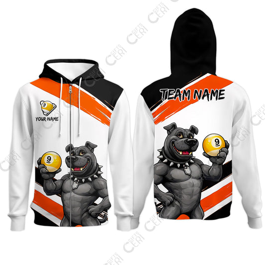 Customized Billiards Zip Hoodies, Personalized Pitbull 9 Ball Jersey Gift For Billiard Players