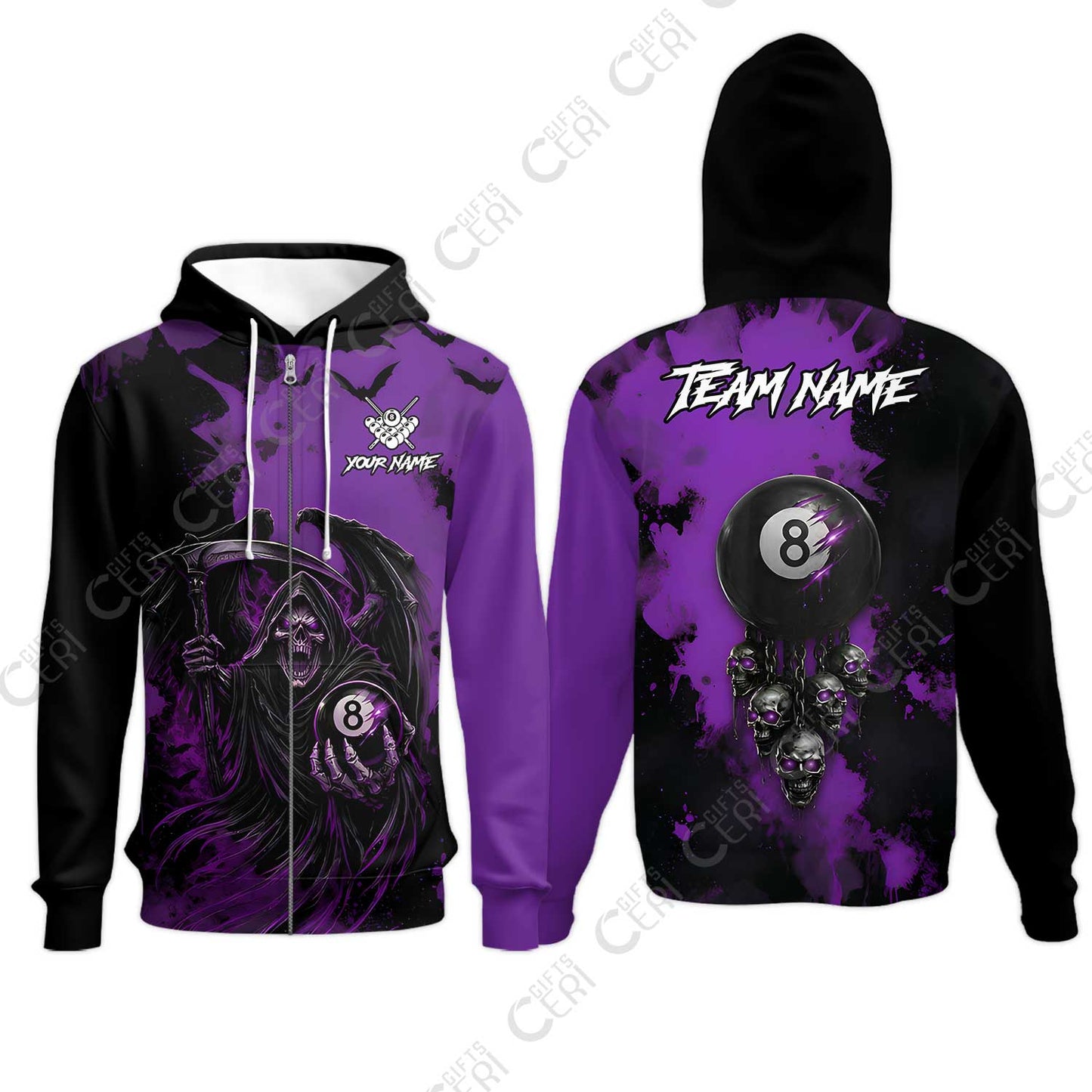 Customized 8 Ball Pool Zip Hoodies, Billiard Death Skull Paint Splash, Billiards Jersey