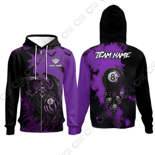 Customized 8 Ball Pool Zip Hoodies, Billiard Death Skull Paint Splash, Billiards Jersey