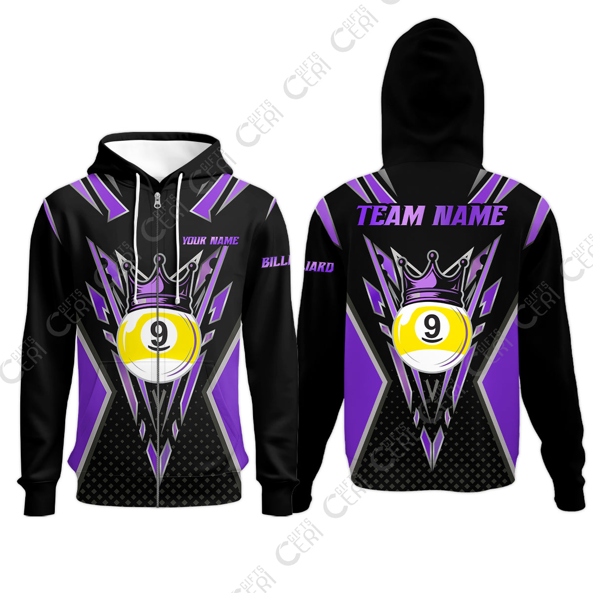 Customized 9 Ball Pool Zip Hoodies, Billiard 9-Ball Crown, Billiard Jerseys