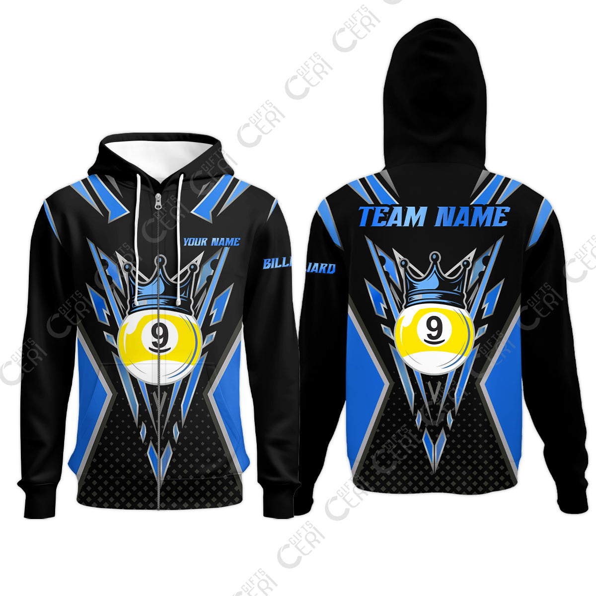 Customized 9 Ball Pool Zip Hoodies, Billiard 9-Ball Crown, Billiard Jerseys