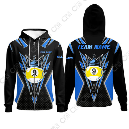 Customized 9 Ball Pool Zip Hoodies, Billiard 9-Ball Crown, Billiard Jerseys