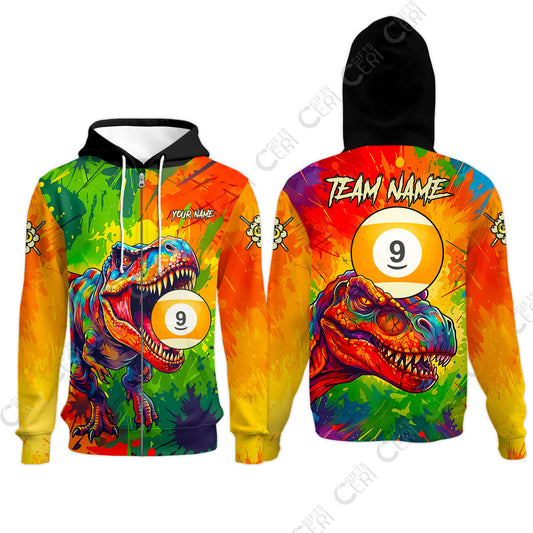Customized 9 Ball Pool Zip Hoodies, Dinosaur Colorful Splash Paint Billiard 9-Ball, Personalized Billiards Jersey