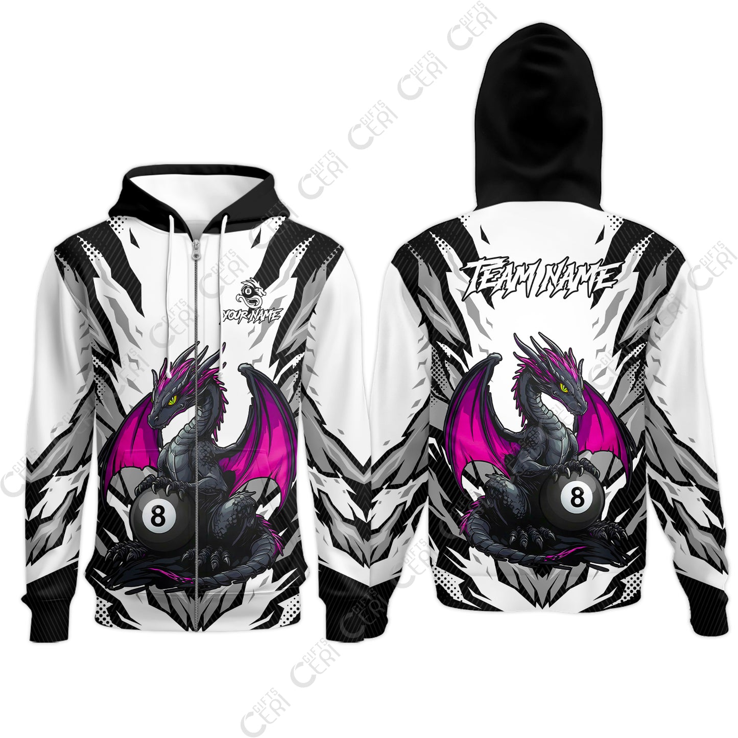 Customized Billiards Zip Hoodies, Personalized Baby Dragon 8 Ball Jersey Gift For Billiard Players