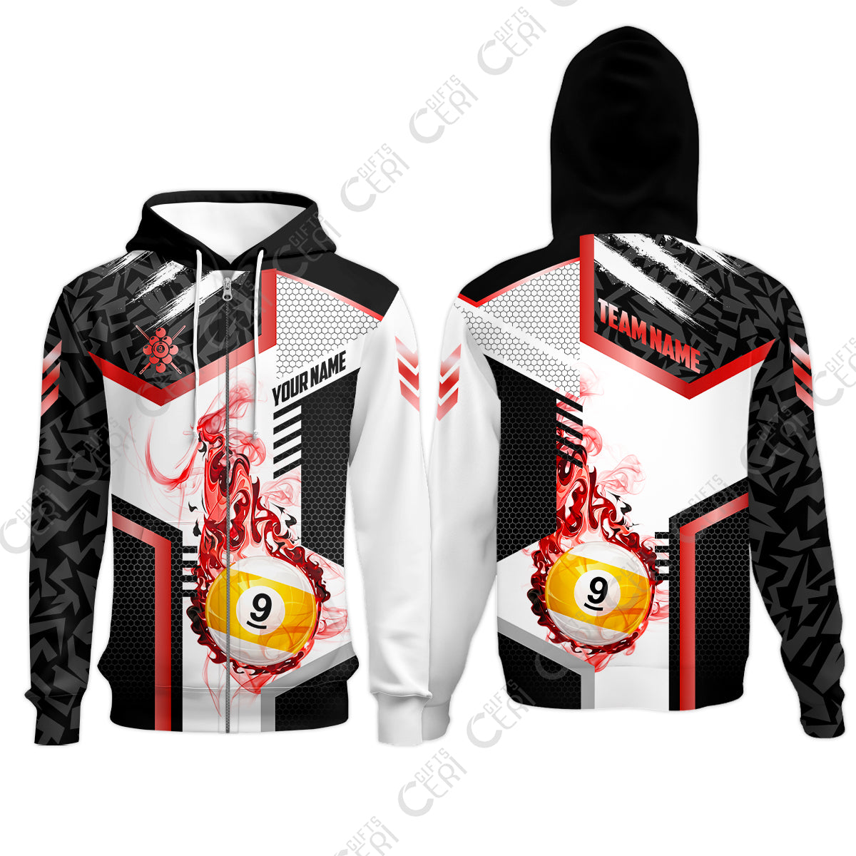 Customized 9 Ball Pool Zip Hoodies, Flaming 9-Ball Graphic, Billiards Jersey