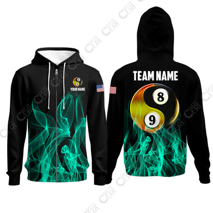 Customized Billiard Zip Hoodies, Billiard 8-Ball And 9-Ball Yin-Yang Flame, Billiard Jerseys