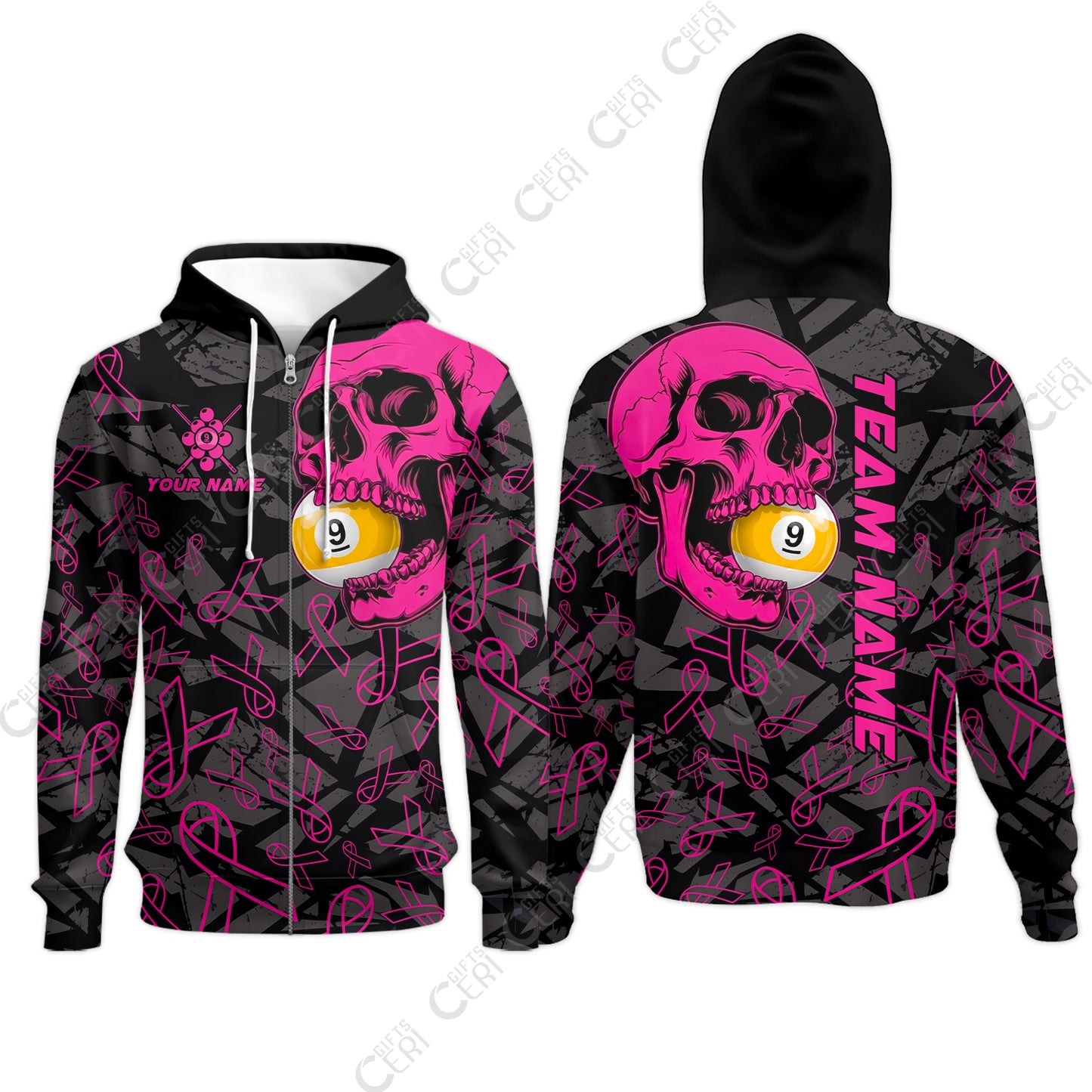 Customized 9 Ball Pool Zip Hoodies, Billiard Pink Skull 9-Ball, Personalized Billiards Jersey