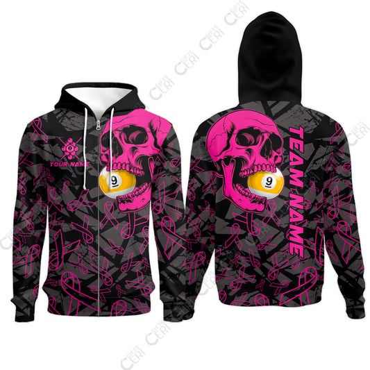 Customized 9 Ball Pool Zip Hoodies, Billiard Pink Skull 9-Ball, Personalized Billiards Jersey