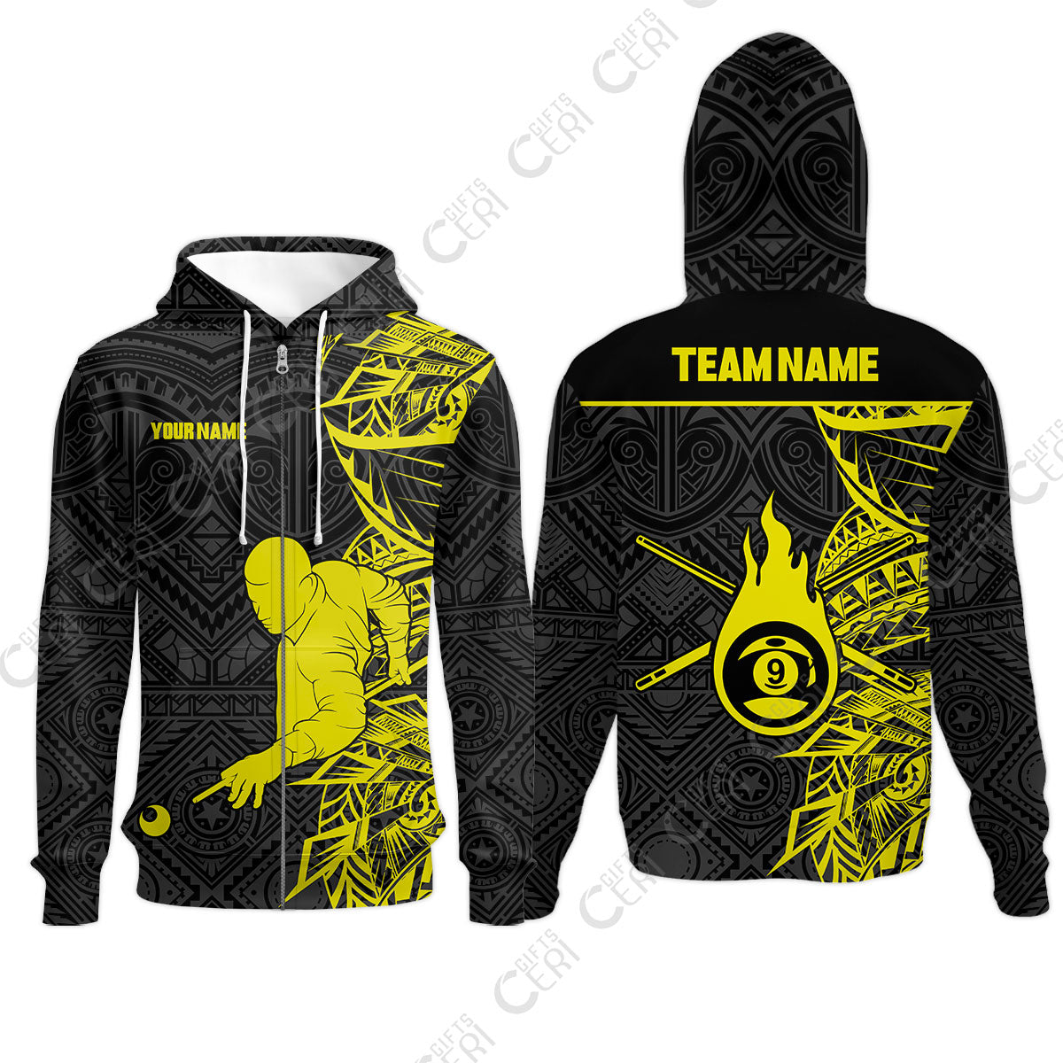 Customized 9 Ball Pool Zip Hoodies, 9-Ball Billiards Tattoo Pattern, Billiards Jerseys