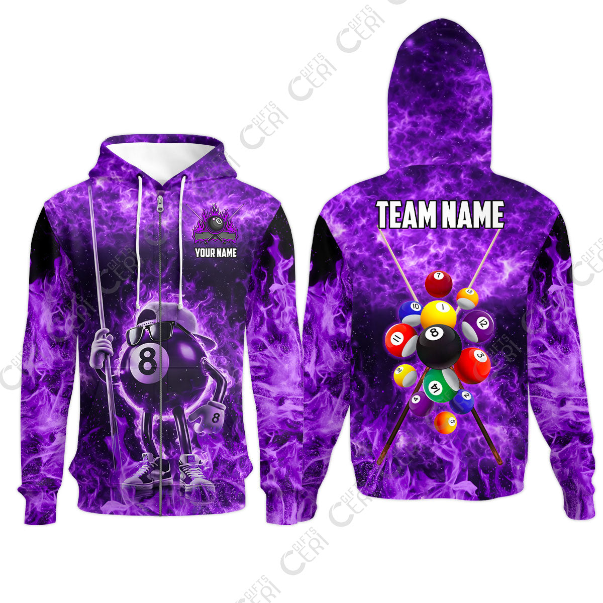 Customized 8 Ball Pool Zip Hoodies, 8-Ball Wearing Cap And Sunglasses Flaming Burn, Billiard Jerseys