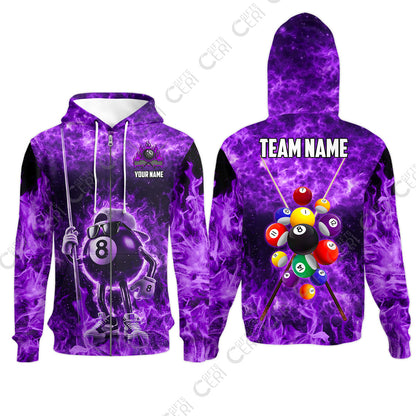 Customized 8 Ball Pool Zip Hoodies, 8-Ball Wearing Cap And Sunglasses Flaming Burn, Billiard Jerseys