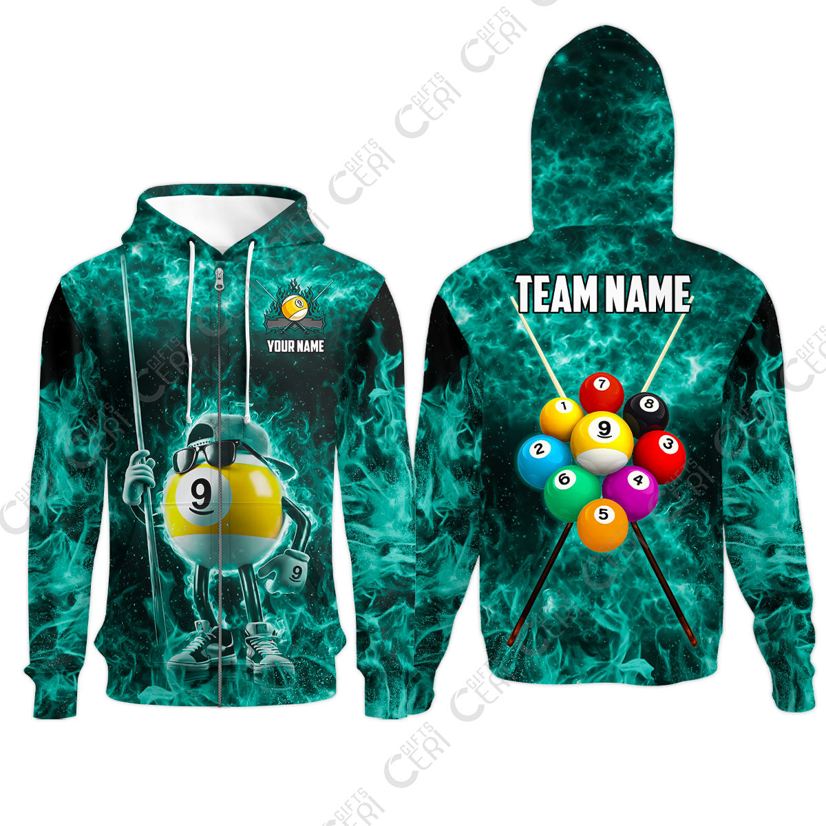 Customized 9 Ball Pool Zip Hoodies, 9-Ball Wearing Cap And Sunglasses Flaming Burn, Billiard Jerseys