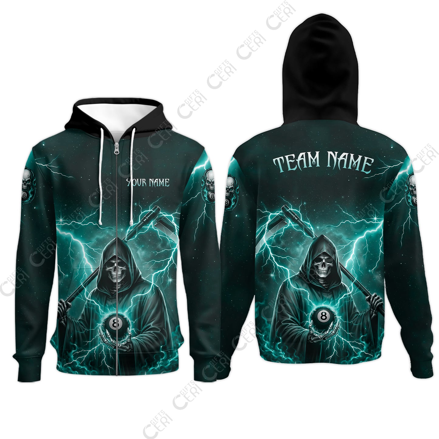 Customized 8 Ball Pool Zip Hoodies, Lightning And Flame Grim Reaper With 8 Ball, Personalized Billiards Jersey